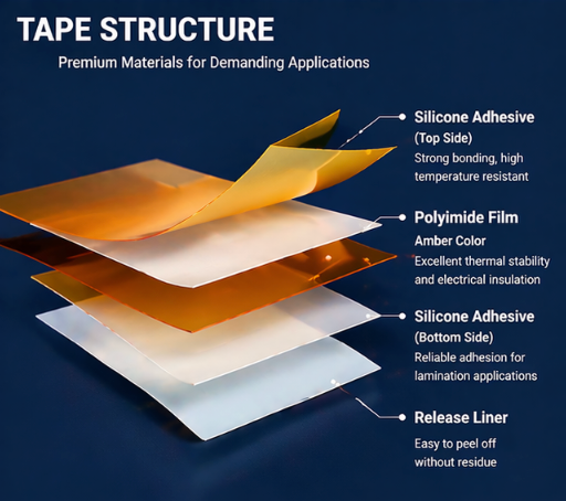 Layer structure of double sided polyimide tape showing silicone adhesive on both sides of amber polyimide film
